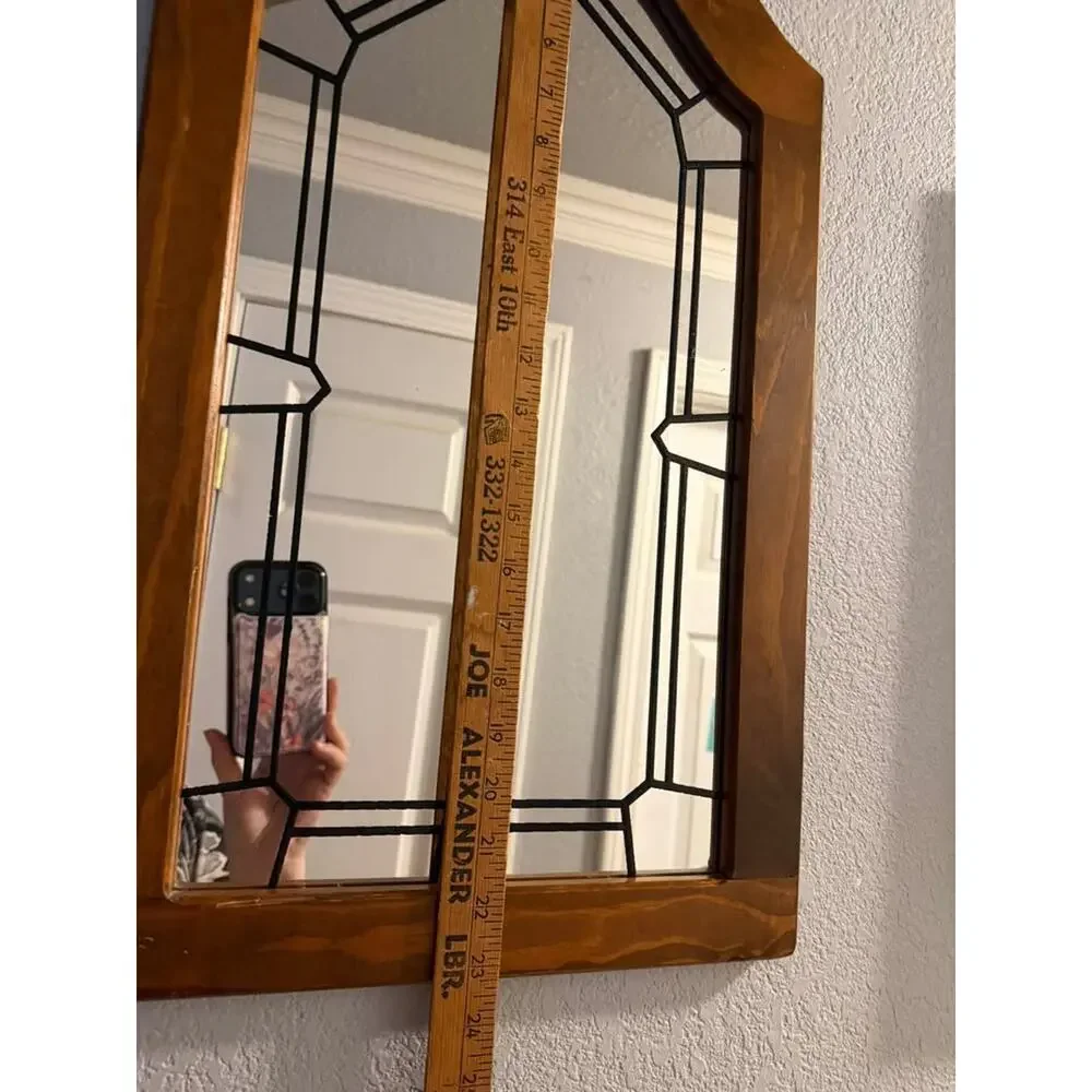 Vintage Wood & Leaded-Style Glass Arch Mirror – 23” x 13”